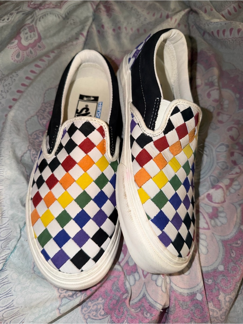 Vans Slip-On Checkerboard Sneakers in Rainbow and Black